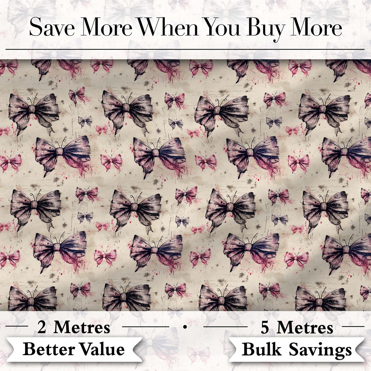 Vintage Butterfly and Bow Sketch Pattern with Grunge Background Seamless Digital Print Fabric by the Metre UK Sewing Quilting Textile
