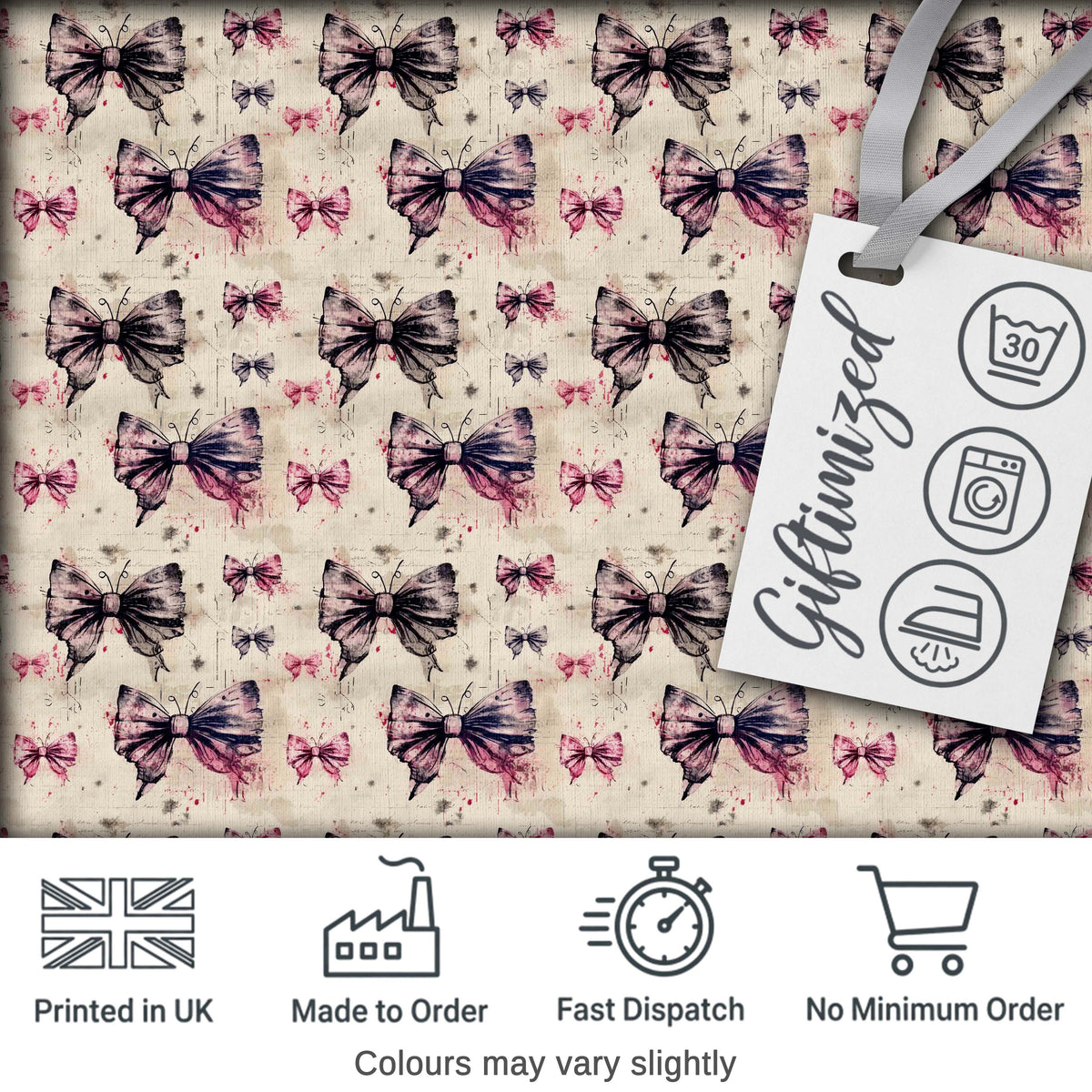 Vintage Butterfly and Bow Sketch Pattern with Grunge Background Seamless Digital Print Fabric by the Metre UK Sewing Quilting Textile