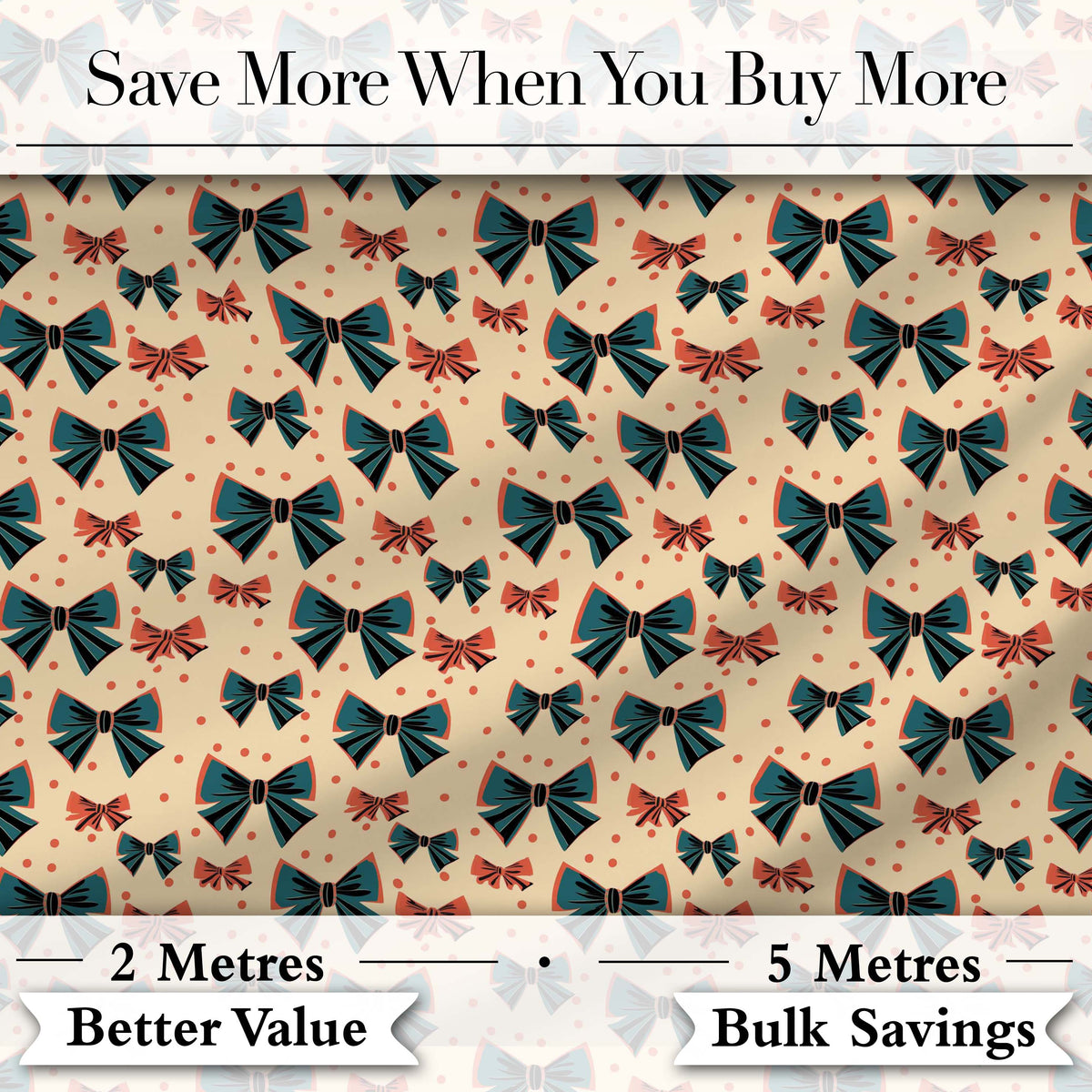 Bow Tie Pattern with Polka Dots in Teal and Coral Seamless Digital Print Fabric by the Metre UK Sewing Quilting Textile
