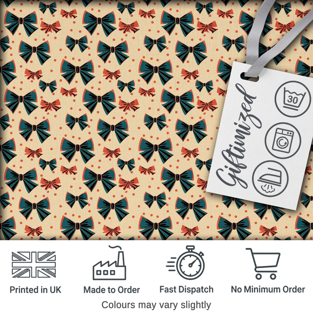 Bow Tie Pattern with Polka Dots in Teal and Coral Seamless Digital Print Fabric by the Metre UK Sewing Quilting Textile