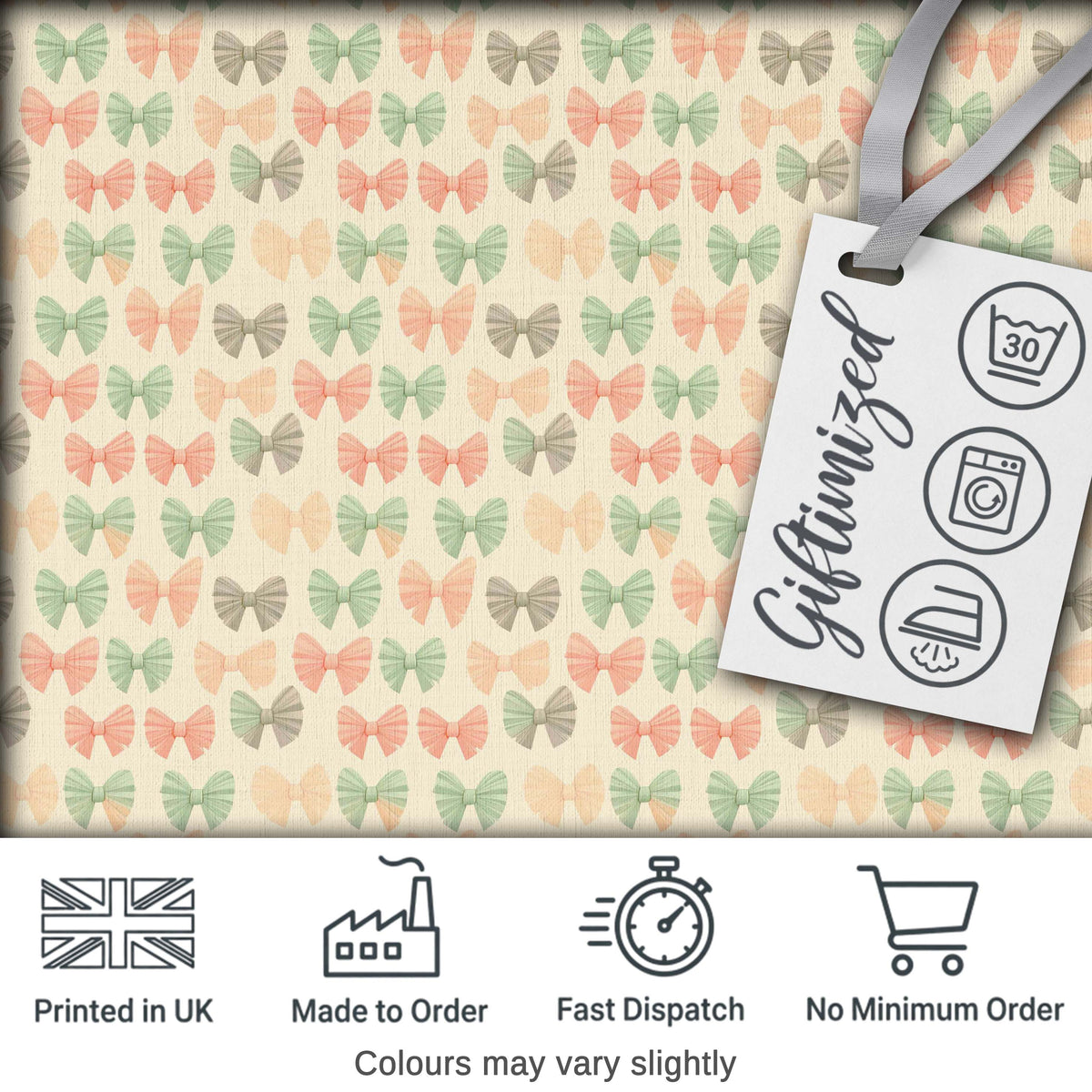 Soft Pastel Bow Pattern in Peach Mint and Cream Seamless Digital Print Fabric by the Metre UK Sewing Quilting Textile