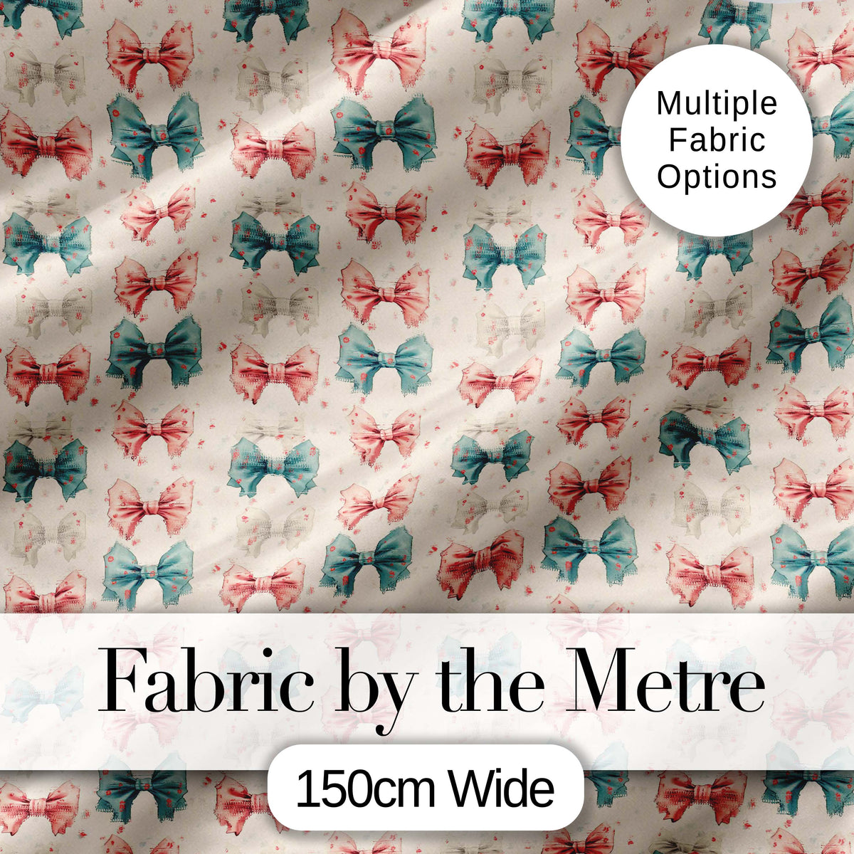 Vintage Inspired Bow Pattern in Pink Blue and Cream Seamless Digital Print Fabric by the Metre UK Sewing Quilting Textile