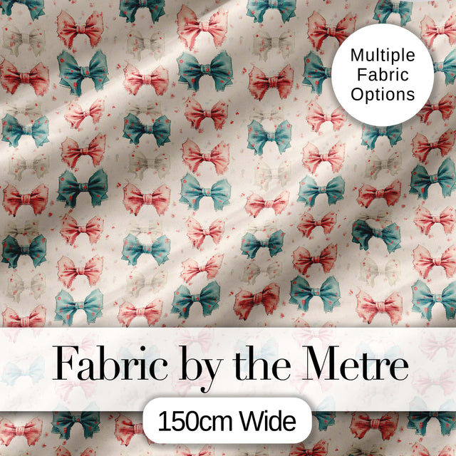 Vintage Inspired Bow Pattern in Pink Blue and Cream Seamless Digital Print Fabric by the Metre UK Sewing Quilting Textile