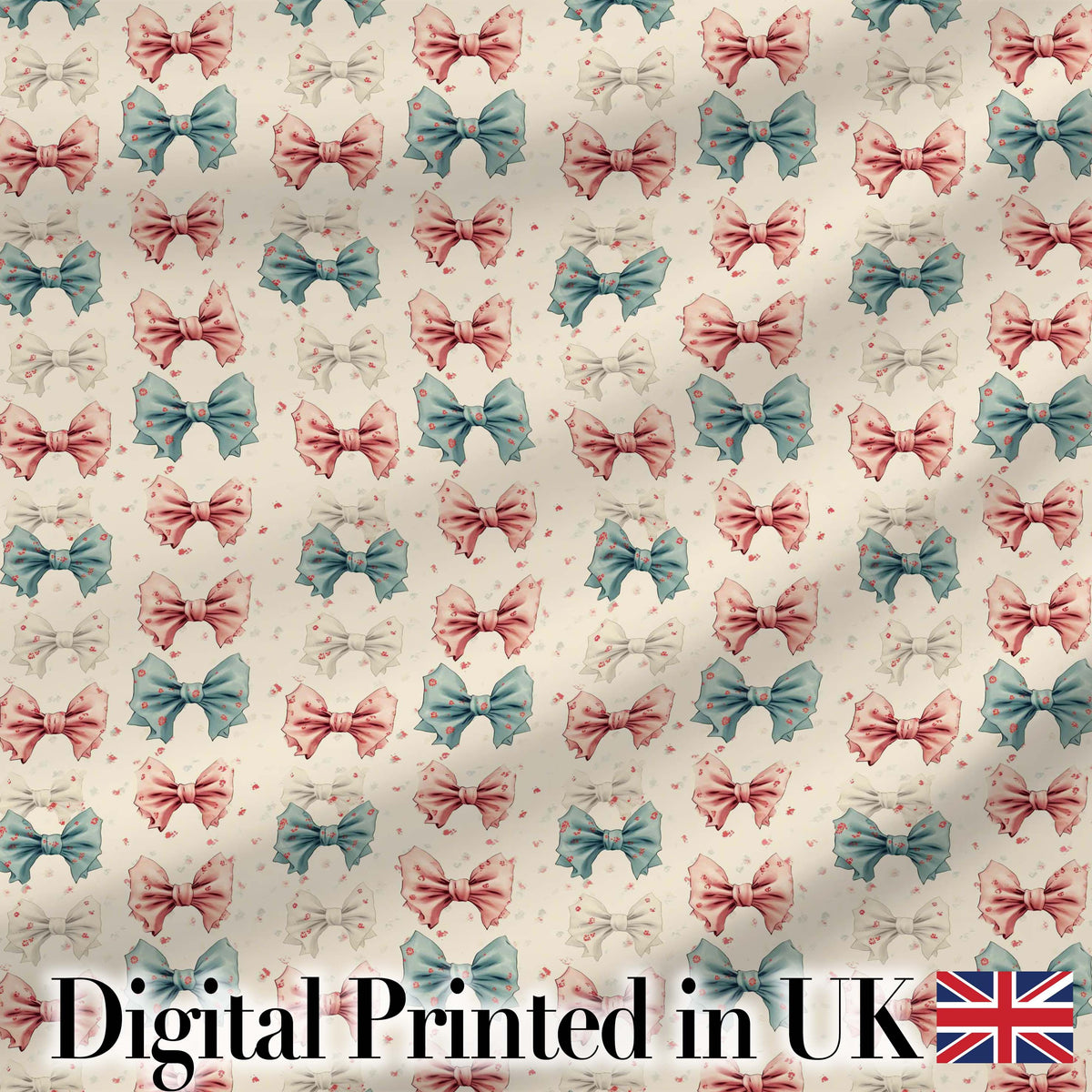 Vintage Inspired Bow Pattern in Pink Blue and Cream Seamless Digital Print Fabric by the Metre UK Sewing Quilting Textile