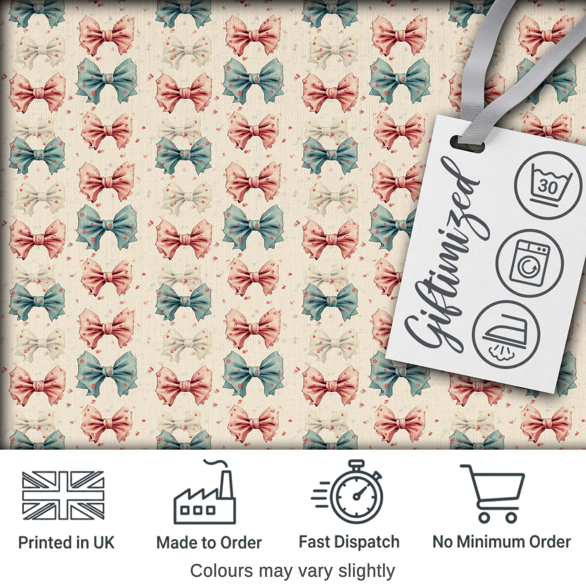 Vintage Inspired Bow Pattern in Pink Blue and Cream Seamless Digital Print Fabric by the Metre UK Sewing Quilting Textile