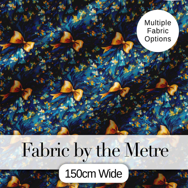 Elegant Blue Floral Swirl Pattern with Golden Bows Seamless Design Digital Print Fabric by the Metre UK Sewing Quilting Textile