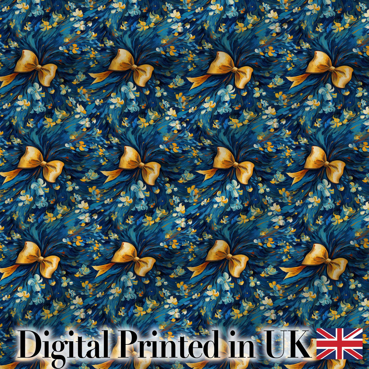 Elegant Blue Floral Swirl Pattern with Golden Bows Seamless Design Digital Print Fabric by the Metre UK Sewing Quilting Textile