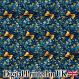 Elegant Blue Floral Swirl Pattern with Golden Bows Seamless Design Digital Print Fabric by the Metre UK Sewing Quilting Textile