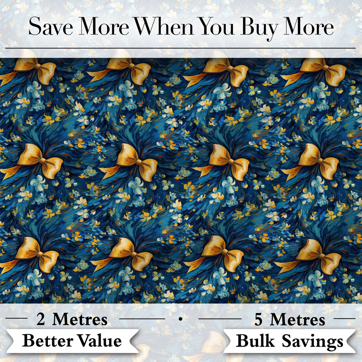 Elegant Blue Floral Swirl Pattern with Golden Bows Seamless Design Digital Print Fabric by the Metre UK Sewing Quilting Textile