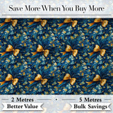 Elegant Blue Floral Swirl Pattern with Golden Bows Seamless Design Digital Print Fabric by the Metre UK Sewing Quilting Textile