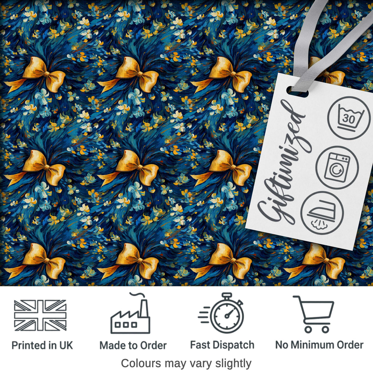 Elegant Blue Floral Swirl Pattern with Golden Bows Seamless Design Digital Print Fabric by the Metre UK Sewing Quilting Textile
