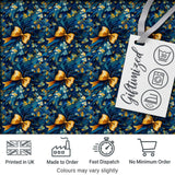 Elegant Blue Floral Swirl Pattern with Golden Bows Seamless Design Digital Print Fabric by the Metre UK Sewing Quilting Textile
