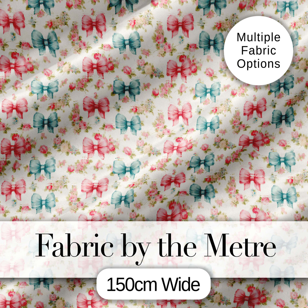 Shabby Chic Floral Bow Pattern in Pink and Blue Pastel Tones Seamless Design Digital Print Fabric by the Metre UK Sewing Quilting Textile