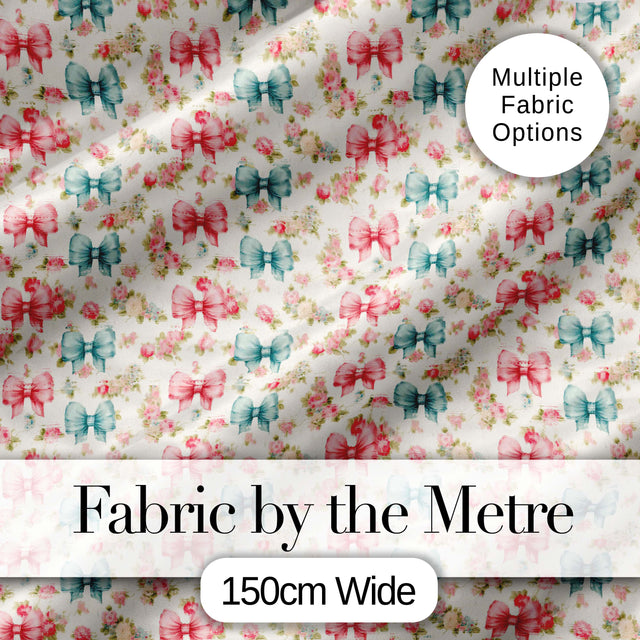 Shabby Chic Floral Bow Pattern in Pink and Blue Pastel Tones Seamless Design Digital Print Fabric by the Metre UK Sewing Quilting Textile