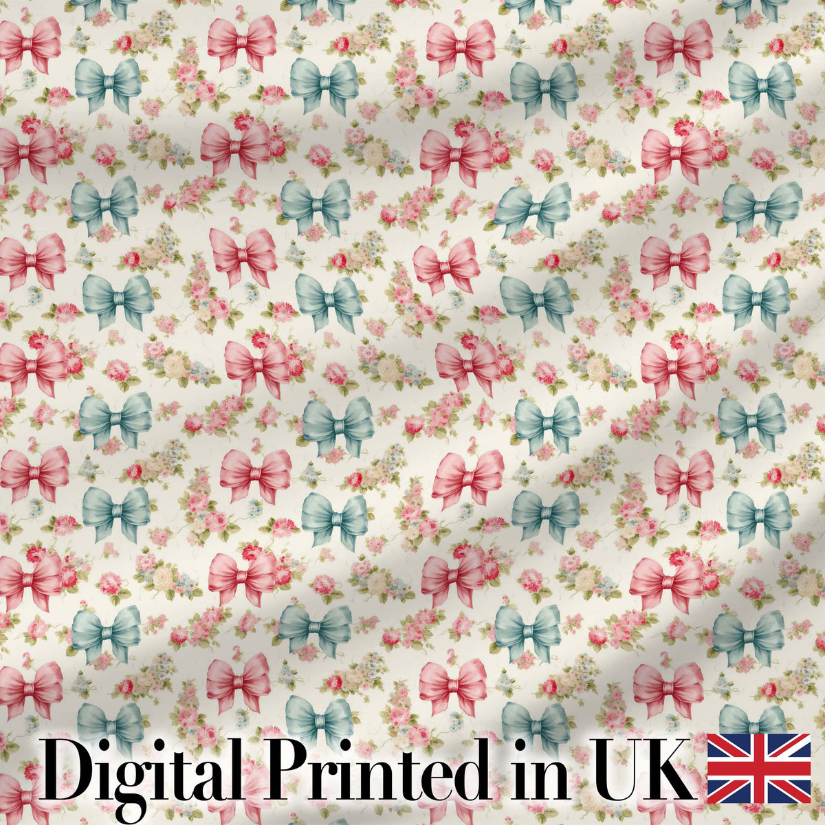 Shabby Chic Floral Bow Pattern in Pink and Blue Pastel Tones Seamless Design Digital Print Fabric by the Metre UK Sewing Quilting Textile