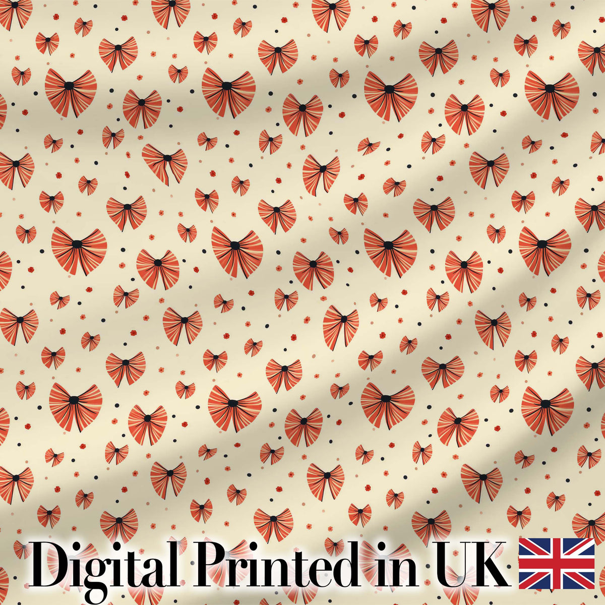 Cute Heart Shaped Bow Pattern in Coral and Black Seamless Design Digital Print Fabric by the Metre UK Sewing Quilting Textile