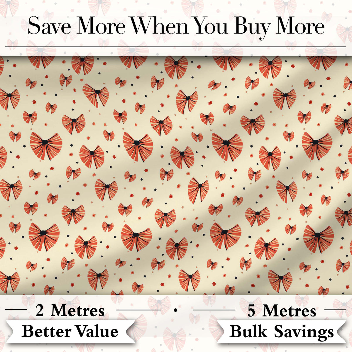 Cute Heart Shaped Bow Pattern in Coral and Black Seamless Design Digital Print Fabric by the Metre UK Sewing Quilting Textile