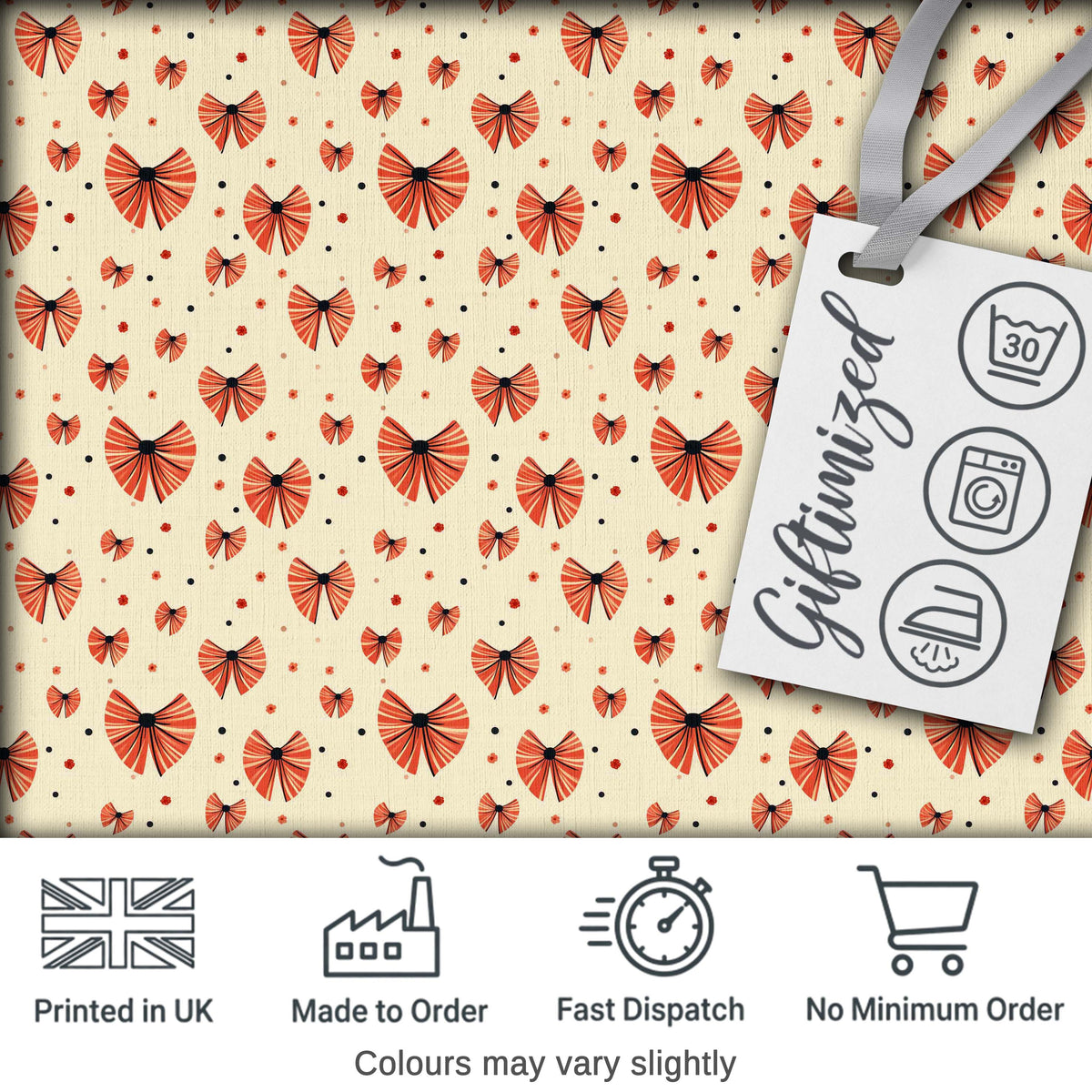 Cute Heart Shaped Bow Pattern in Coral and Black Seamless Design Digital Print Fabric by the Metre UK Sewing Quilting Textile