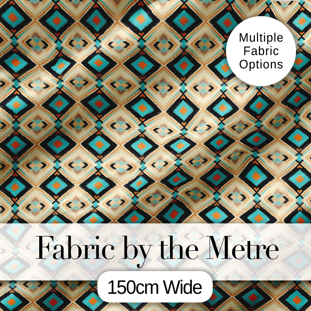Mid Century Diamond Pattern in Blue Beige and Black Seamless Design Digital Print Fabric by the Metre UK Sewing Quilting Textile