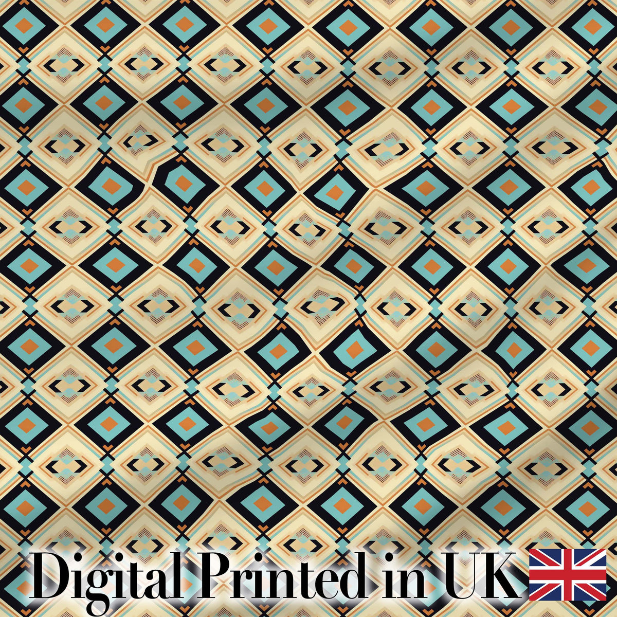 Mid Century Diamond Pattern in Blue Beige and Black Seamless Design Digital Print Fabric by the Metre UK Sewing Quilting Textile