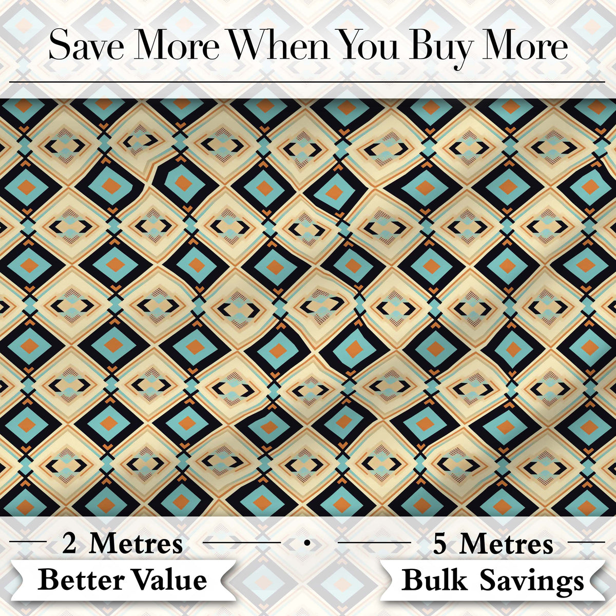 Mid Century Diamond Pattern in Blue Beige and Black Seamless Design Digital Print Fabric by the Metre UK Sewing Quilting Textile