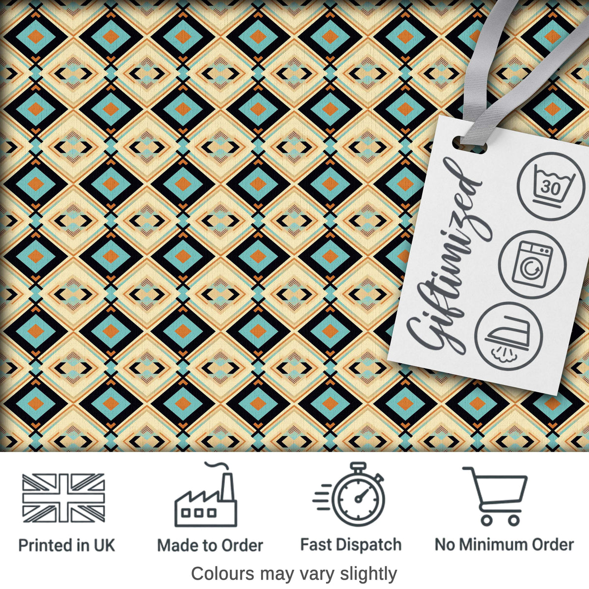 Mid Century Diamond Pattern in Blue Beige and Black Seamless Design Digital Print Fabric by the Metre UK Sewing Quilting Textile