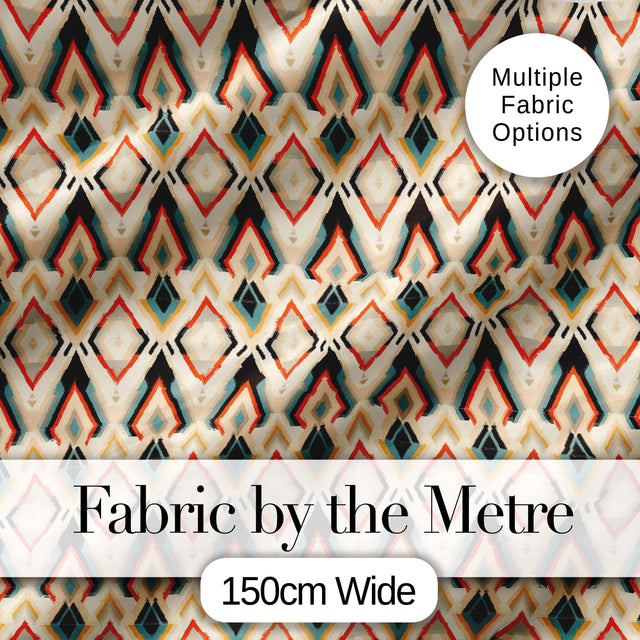 Geometric Diamond Pattern in Beige Orange and Teal Seamless Pattern Digital Print Fabric by the Metre UK Sewing Quilting Textile
