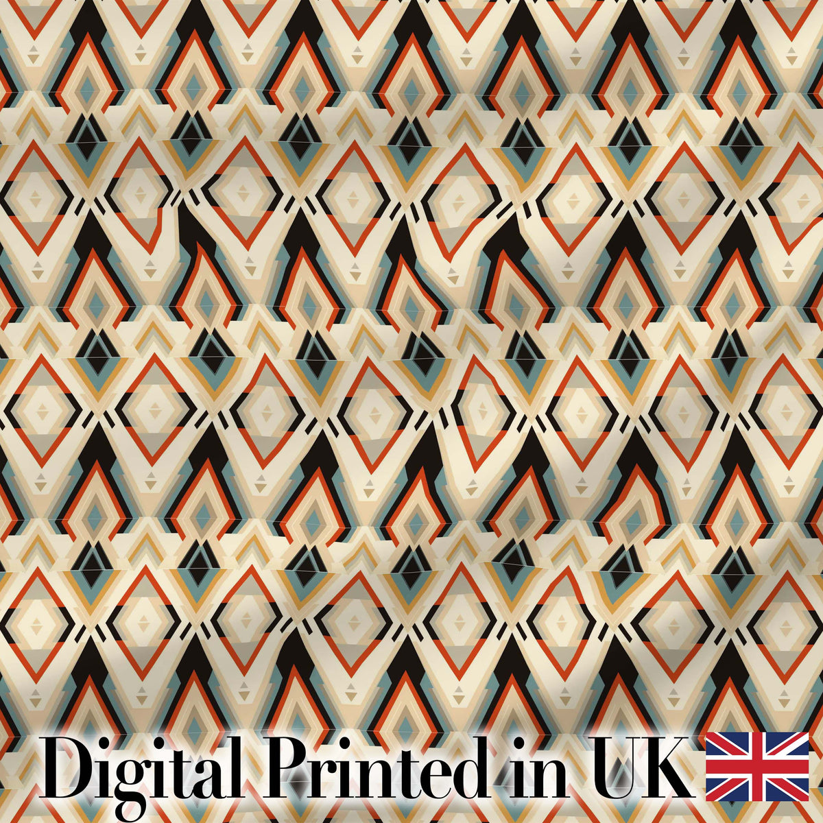 Geometric Diamond Pattern in Beige Orange and Teal Seamless Pattern Digital Print Fabric by the Metre UK Sewing Quilting Textile