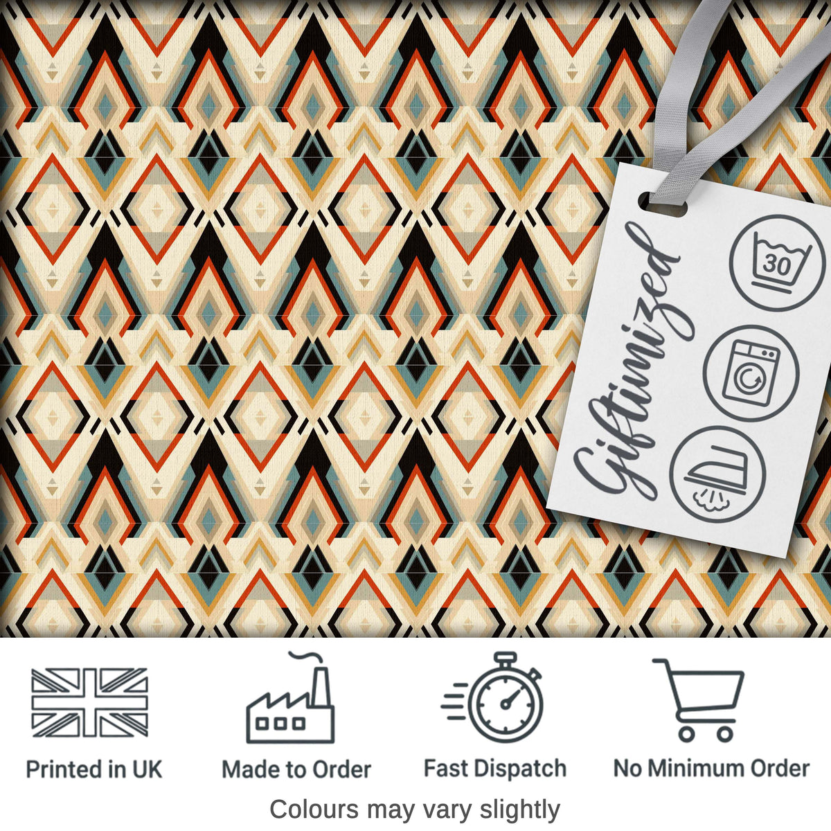 Geometric Diamond Pattern in Beige Orange and Teal Seamless Pattern Digital Print Fabric by the Metre UK Sewing Quilting Textile