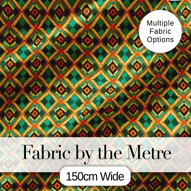 Mid Century Geometric Diamond Pattern Green Orange and Beige Seamless Pattern Digital Print Fabric by the Metre UK Sewing Quilting Textile