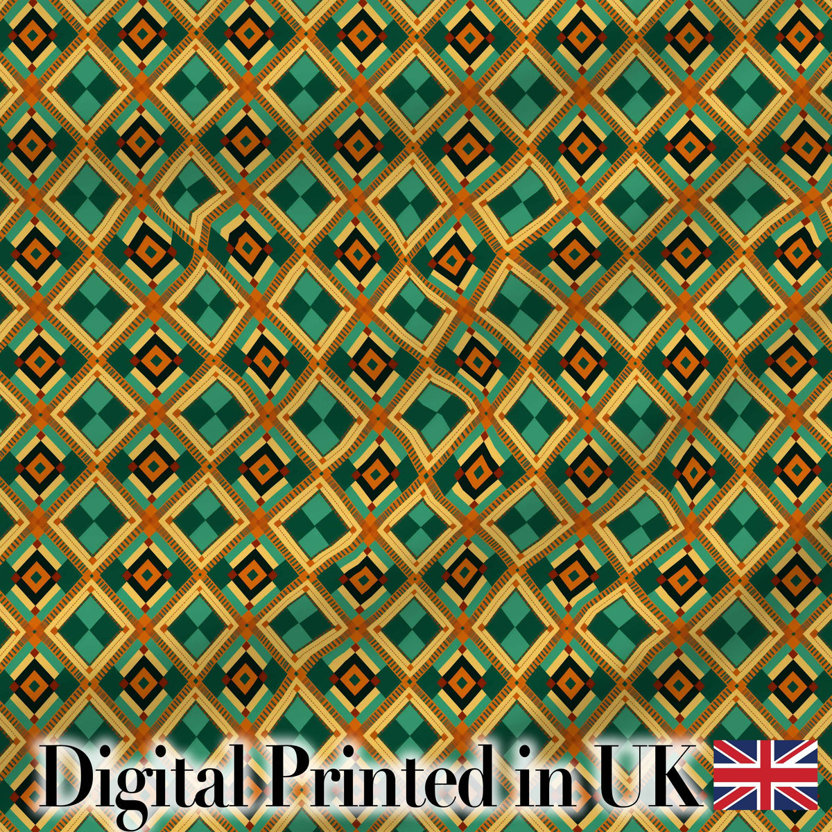 Mid Century Geometric Diamond Pattern Green Orange and Beige Seamless Pattern Digital Print Fabric by the Metre UK Sewing Quilting Textile