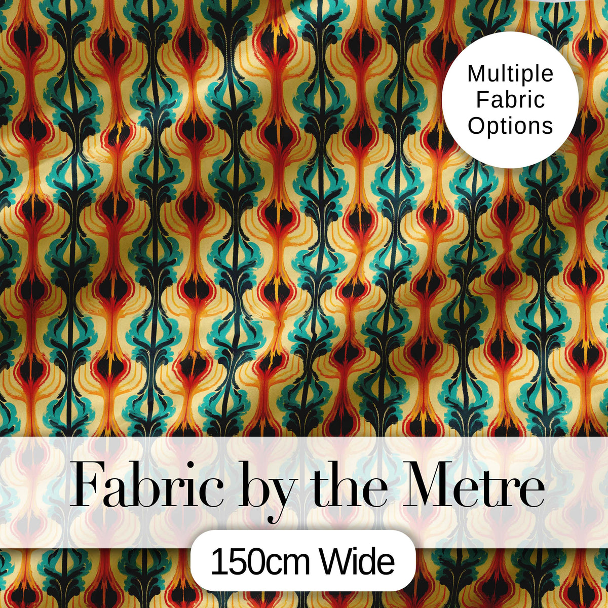Elegant Ornamental Leaf Pattern in Teal Orange and Cream Seamless Pattern Digital Print Fabric by the Metre UK Sewing Quilting Textile
