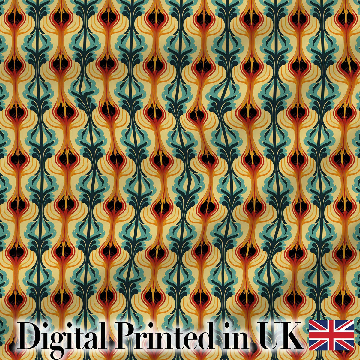 Elegant Ornamental Leaf Pattern in Teal Orange and Cream Seamless Pattern Digital Print Fabric by the Metre UK Sewing Quilting Textile