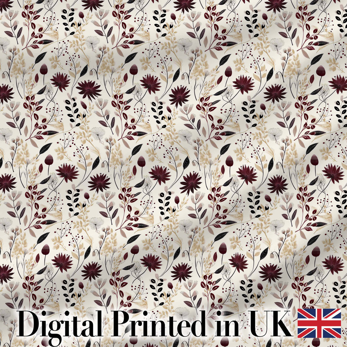 Neutral Wildflower Botanical Pattern with Burgundy Accents Seamless Pattern Digital Print Fabric by the Metre UK Sewing Quilting Textile