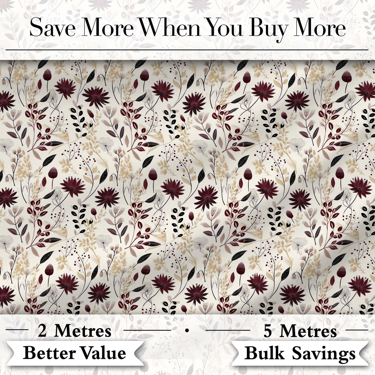 Neutral Wildflower Botanical Pattern with Burgundy Accents Seamless Pattern Digital Print Fabric by the Metre UK Sewing Quilting Textile