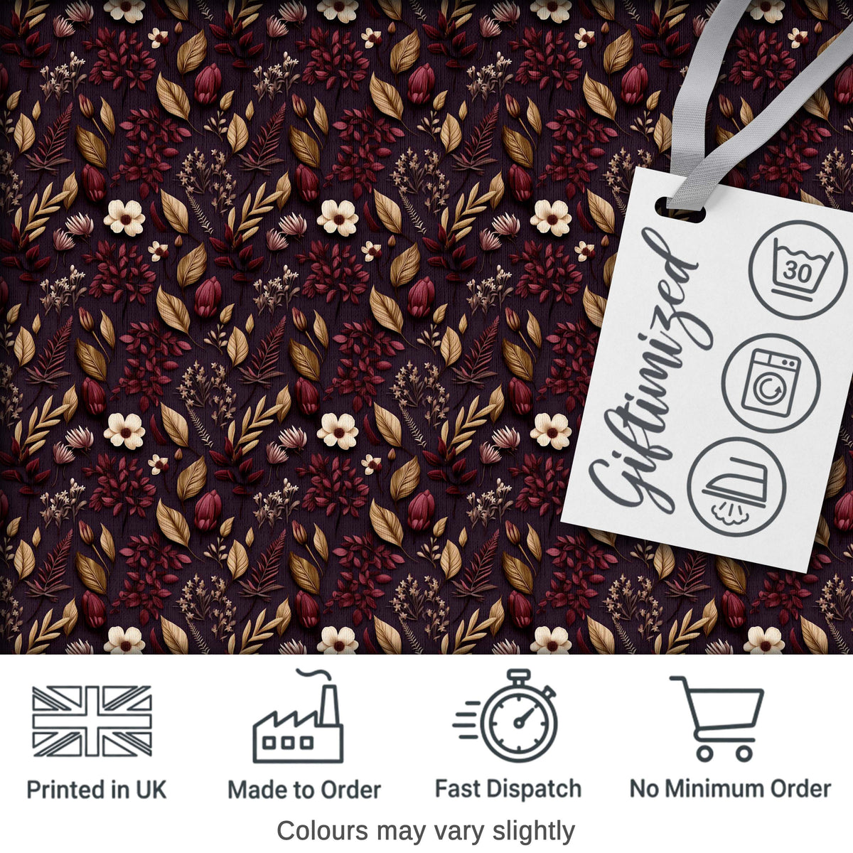 Dark Burgundy and Gold Botanical Leaves Floral Seamless Pattern Digital Print Fabric by the Metre UK Sewing Quilting Textile