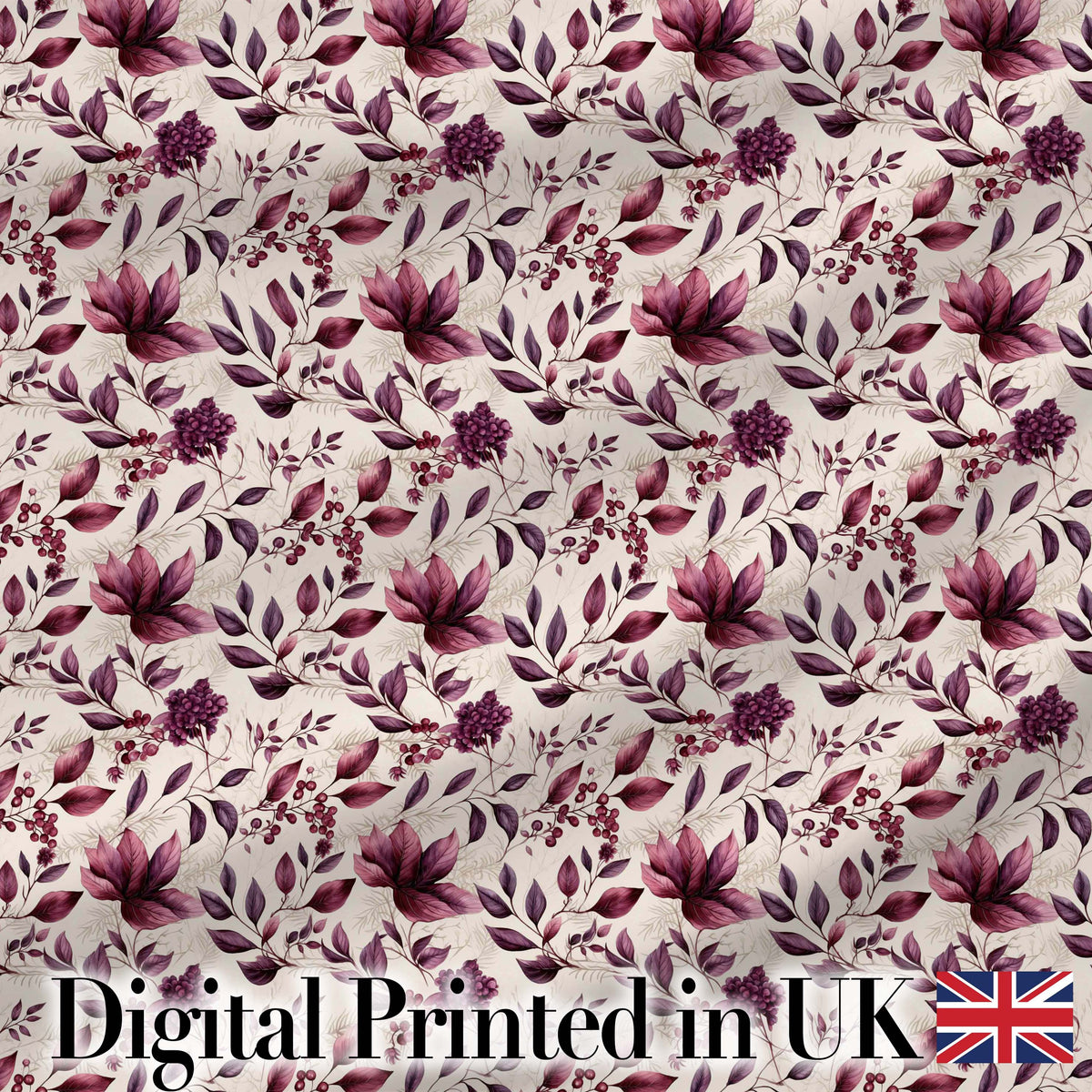 Elegant Plum Floral Branches with Berries on Cream Seamless Pattern Digital Print Fabric by the Metre UK Sewing Quilting Textile