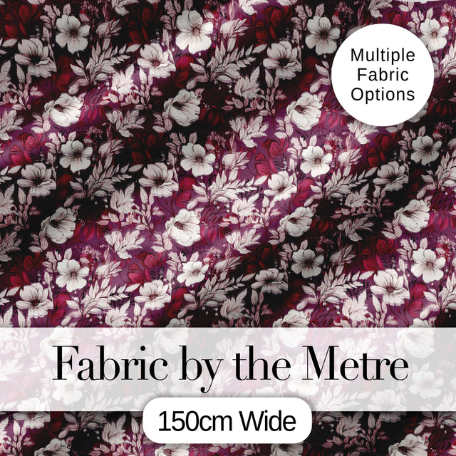 Deep Mauve Floral Garden with Ivory Blossoms Seamless Pattern Digital Print Fabric by the Metre UK Sewing Quilting Textile