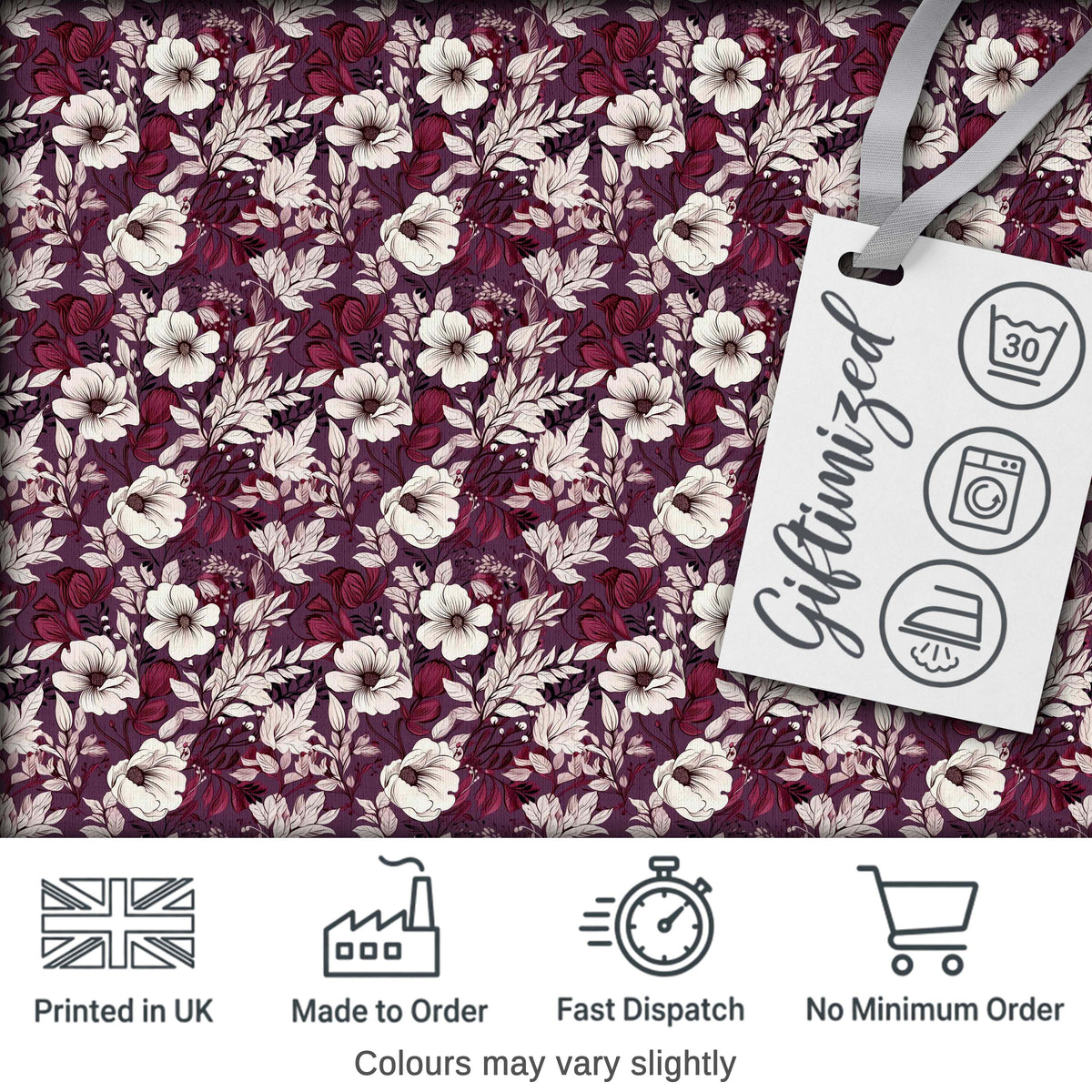 Deep Mauve Floral Garden with Ivory Blossoms Seamless Pattern Digital Print Fabric by the Metre UK Sewing Quilting Textile