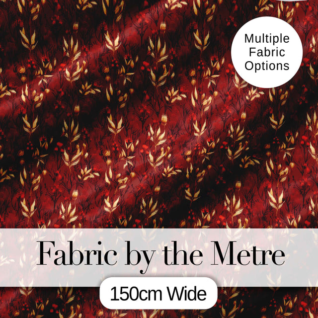 Rich Red and Gold Autumn Botanical Leaves Seamless Pattern Digital Print Fabric by the Metre UK Sewing Quilting Textile