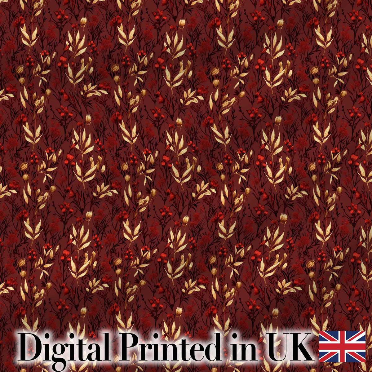 Rich Red and Gold Autumn Botanical Leaves Seamless Pattern Digital Print Fabric by the Metre UK Sewing Quilting Textile