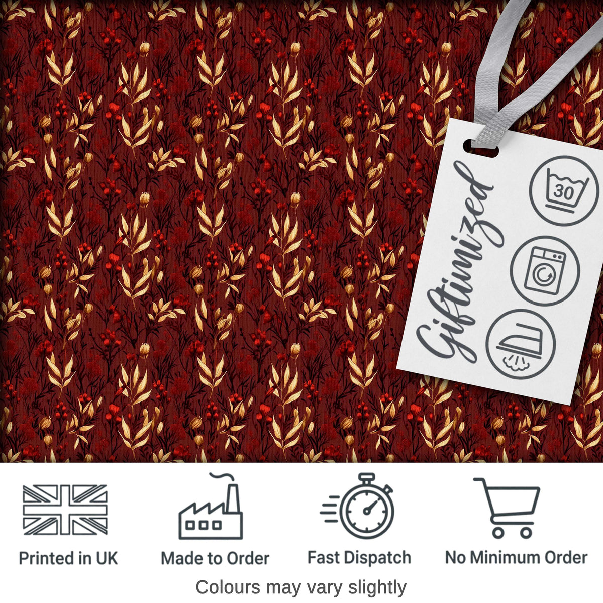 Rich Red and Gold Autumn Botanical Leaves Seamless Pattern Digital Print Fabric by the Metre UK Sewing Quilting Textile