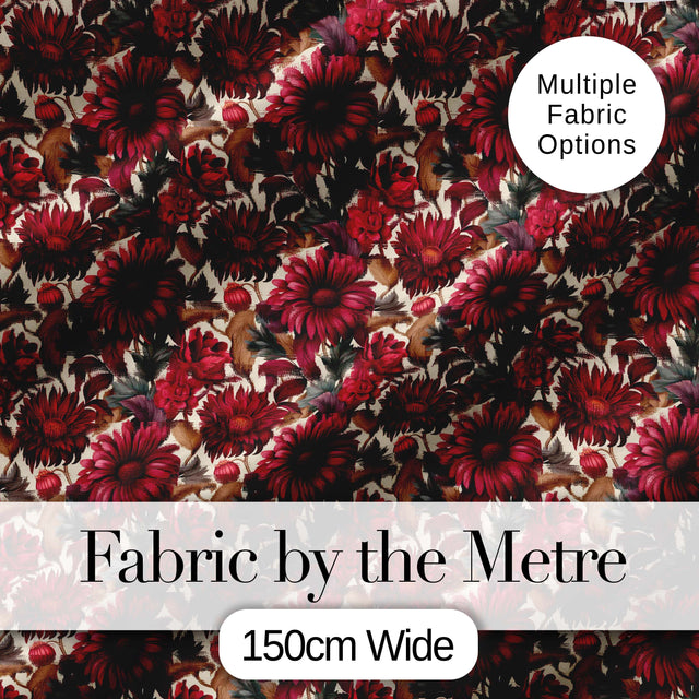 Bold Red Dahlia Floral Pattern with Neutral Leaves Seamless Pattern Digital Print Fabric by the Metre UK Sewing Quilting Textile