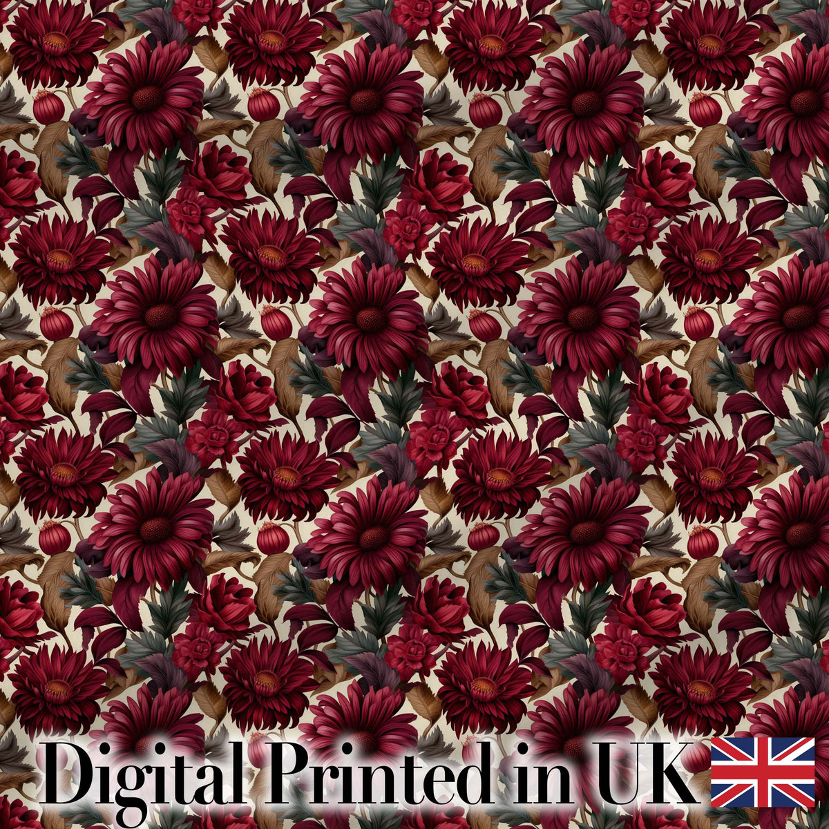 Bold Red Dahlia Floral Pattern with Neutral Leaves Seamless Pattern Digital Print Fabric by the Metre UK Sewing Quilting Textile