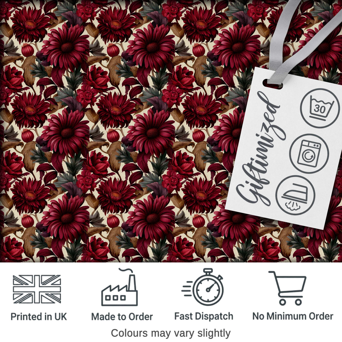 Bold Red Dahlia Floral Pattern with Neutral Leaves Seamless Pattern Digital Print Fabric by the Metre UK Sewing Quilting Textile