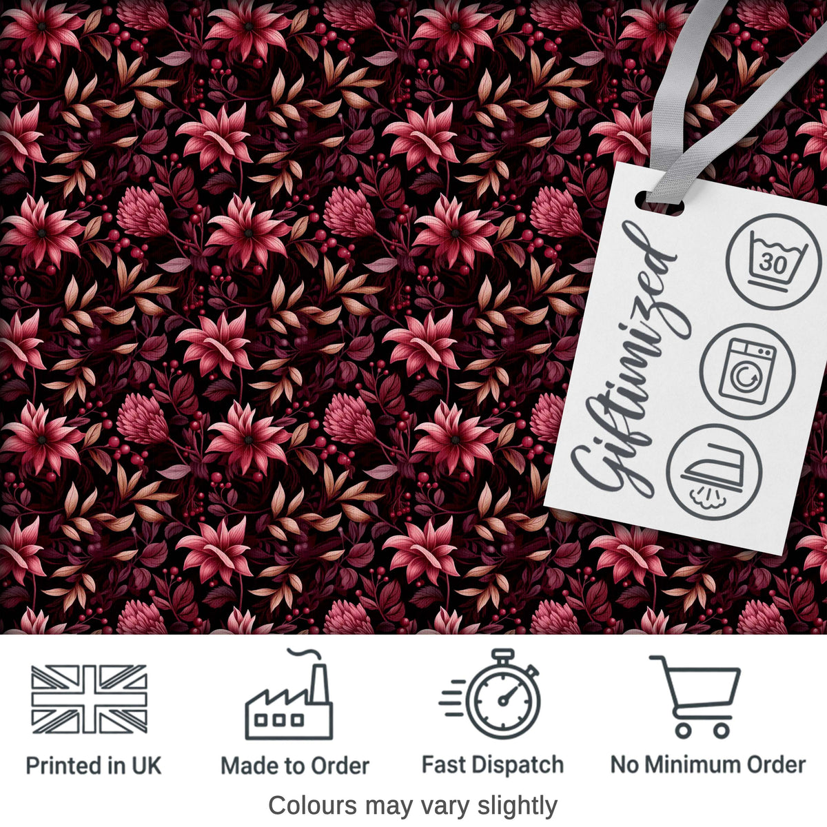 Dark Burgundy Floral Blooms with Leaves Seamless Pattern Digital Print Fabric by the Metre UK Sewing Quilting Textile