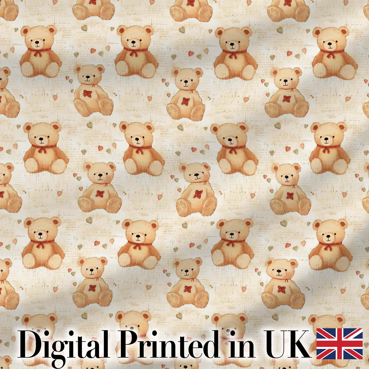 Vintage Teddy Bears with Hearts on Beige Seamless Pattern Digital Print Fabric by the Metre UK Sewing Quilting Textile