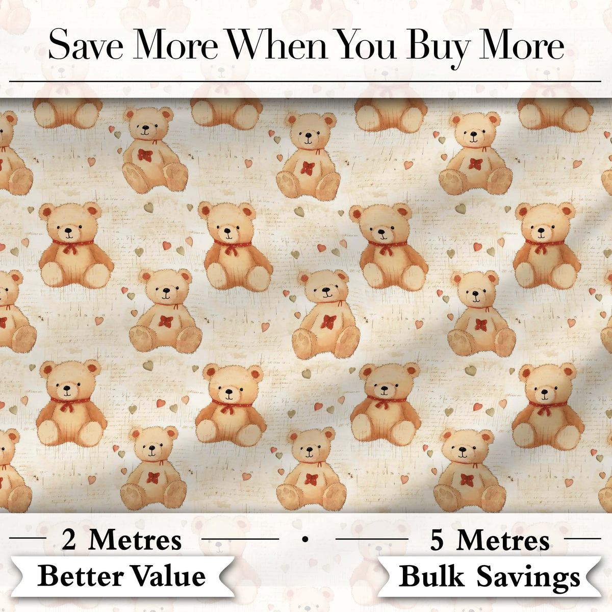 Vintage Teddy Bears with Hearts on Beige Seamless Pattern Digital Print Fabric by the Metre UK Sewing Quilting Textile