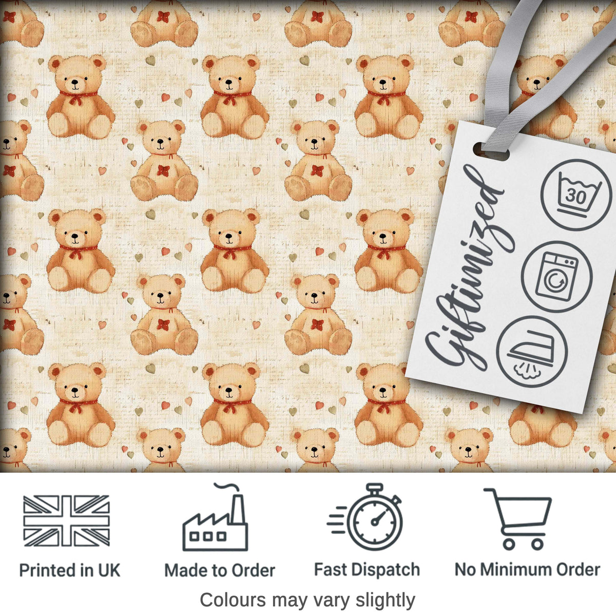Vintage Teddy Bears with Hearts on Beige Seamless Pattern Digital Print Fabric by the Metre UK Sewing Quilting Textile
