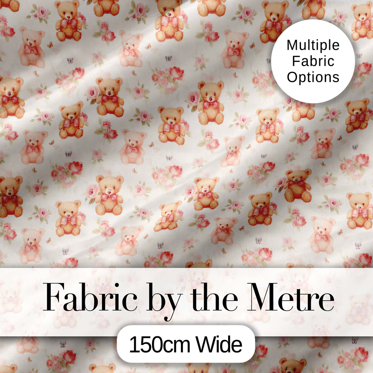 Cute Teddy Bears with Pink Roses Seamless Pattern Digital Print Fabric by the Metre UK Sewing Quilting Textile